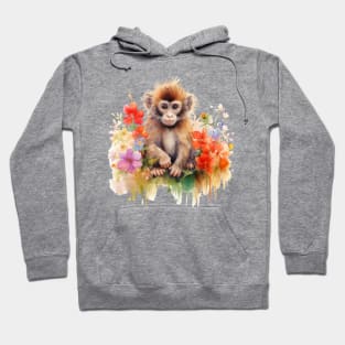 Watercolor picture of a cute little monkey with beautiful colored flowers. Hoodie